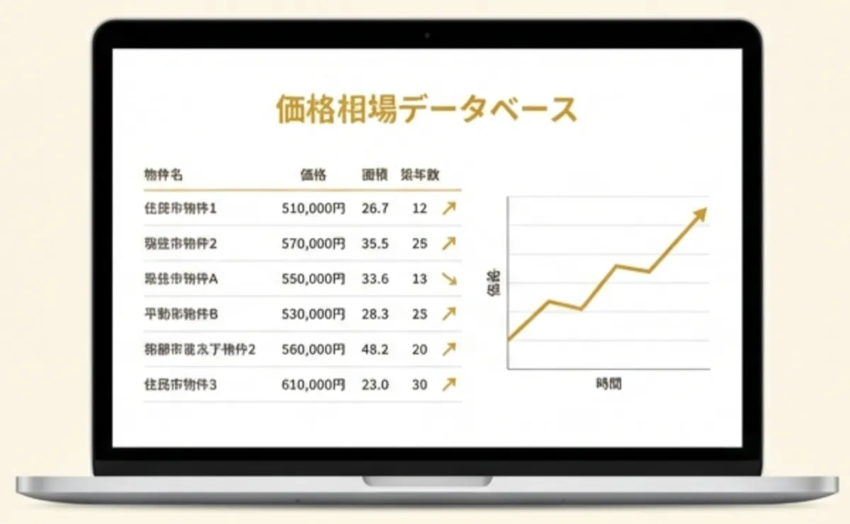実際に売買された事例（価格、土地面積、建物面積、築年数）が検索できるから「不動産会社ごとの相場価格」に左右されない、無料で/自分で/不動産相場価格を調べられる新しい「相場価格算出」ツール