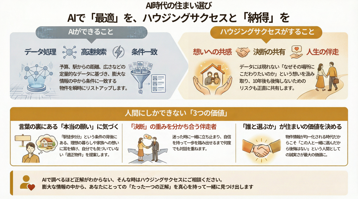 AIで最適を、ハウジングサクセスで納得を。AI、不動産やさんそれぞれの得意なところを賢く活用することが、AI時代の住まい選びに必要です。